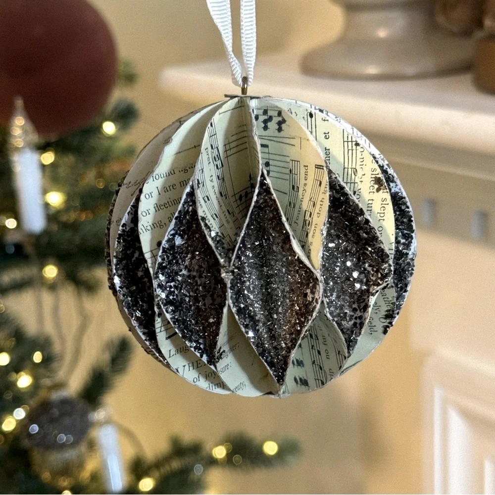 3/ Vintage Pottery Barn Music Notes paper 4” Ornaments Balls